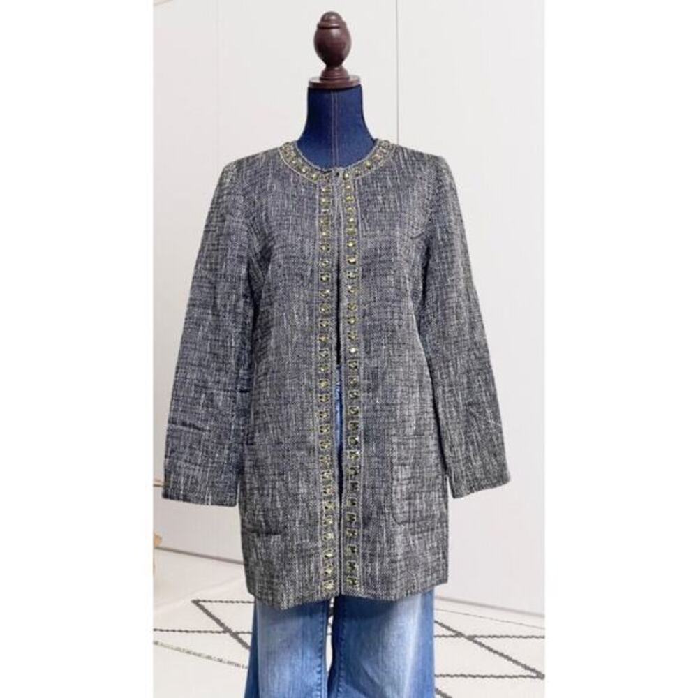 CHICO'S Blazer Jacket Duster Topper Coat Tweed‎ Jeweled Hook Metallic Thread